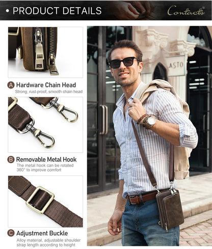 Details einer kleinen Leder-Umhängetasche mit Metallhaken und verstellbarer Schnalle