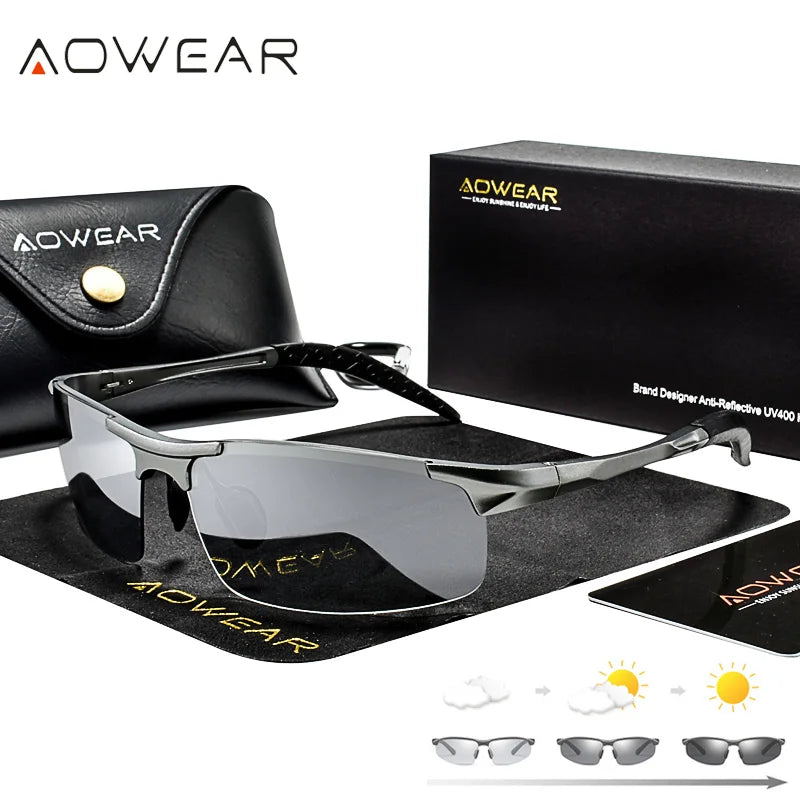 AOWEAR Aluminium Polarisierte Photochrome Sonnenbrille Männer Luxus Qualität Randlose Chameleon Gläser Männlichen Tag Nacht Fahren Sonnenbrille