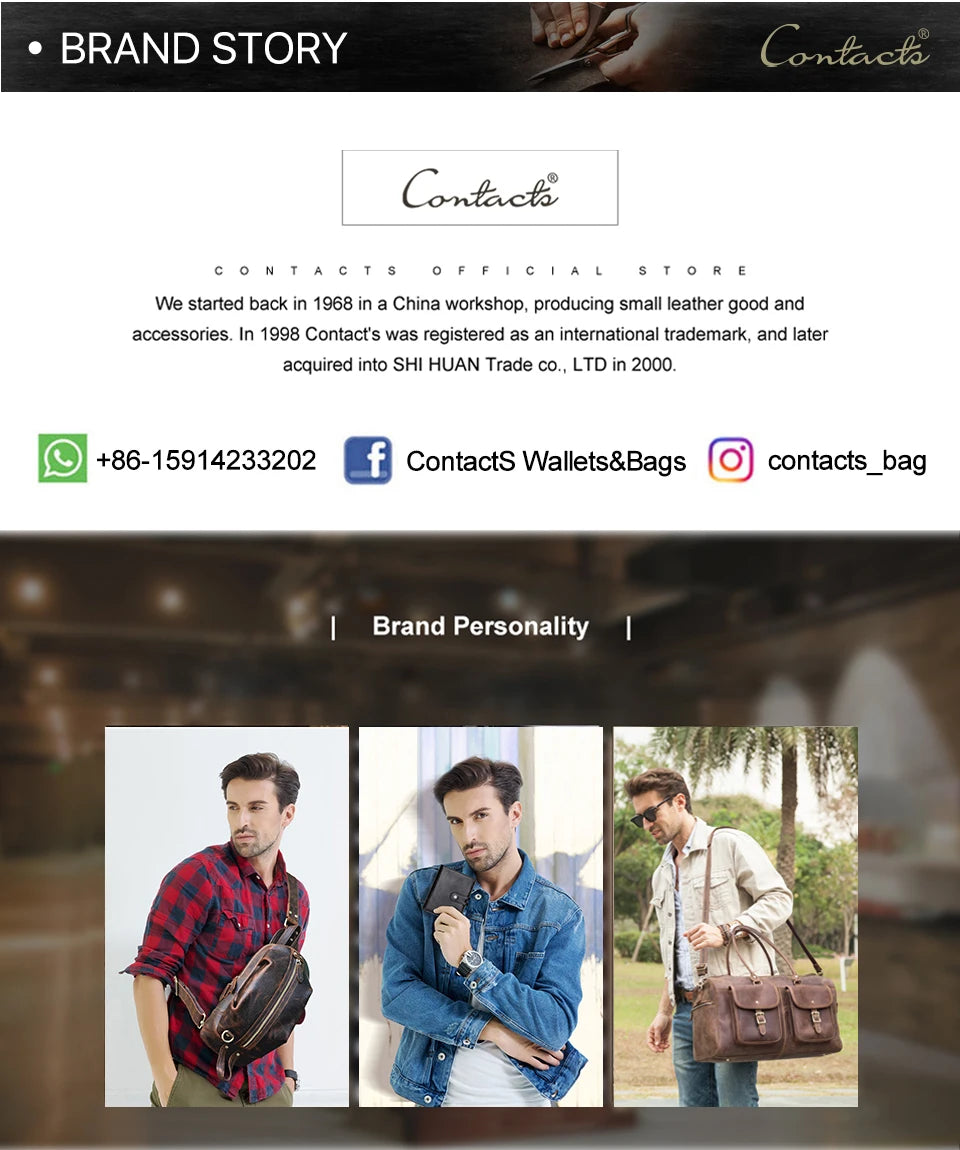 CONTACT's Brand-Story-Seite mit kleinen Taschenfotos, Logo und Kontakt-Symbolen