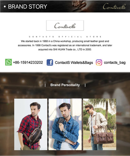 CONTACT's Brand-Story-Seite mit kleinen Taschenfotos, Logo und Kontakt-Symbolen