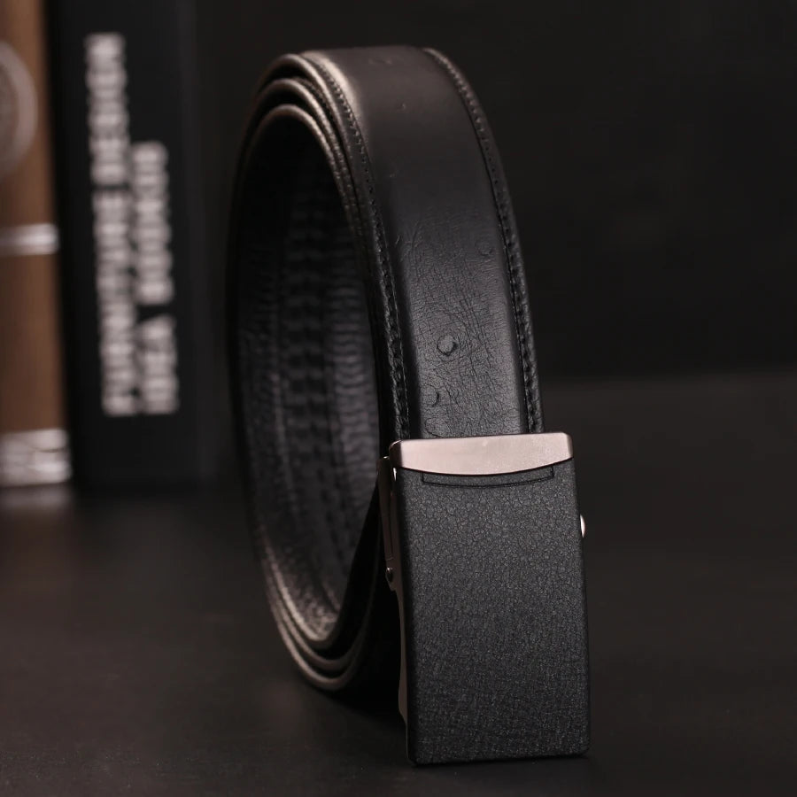 Herren Echtleder-Gürtel Automatik-Schnalle Schwarz 3,5 cm Verstellbar Rindsleder