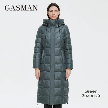 Lange Damen-Daunenjacke mit Reißverschluss, großen Taschen und Stehkragen – Kapuzenparka im klassischen Design