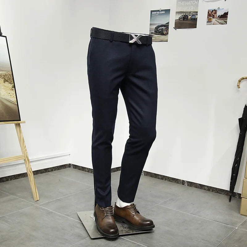 50% Wolle Männer Lange Anzüge Hosen Slim Fit Tiefblau Mode Hochzeit Bräutigam Tragen Herbst Frühling Büro Täglichen Hosen Mode Korea
