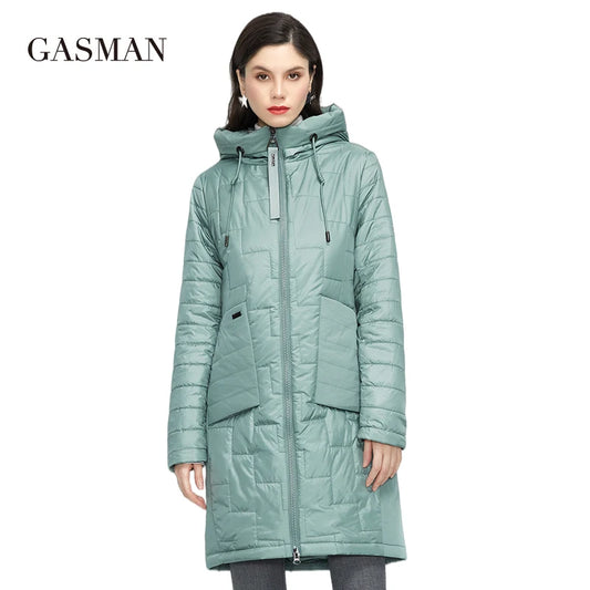 Lange Damen-Daunenjacke mit Kapuze und Taschen – schlankes Design aus Space Cotton für Frühling und Herbst