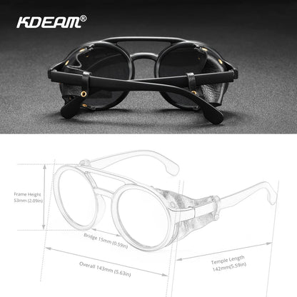 Sonnenbrille rund Vintage Leder-Schild Twin-Bridge polarisiert Herren Damen