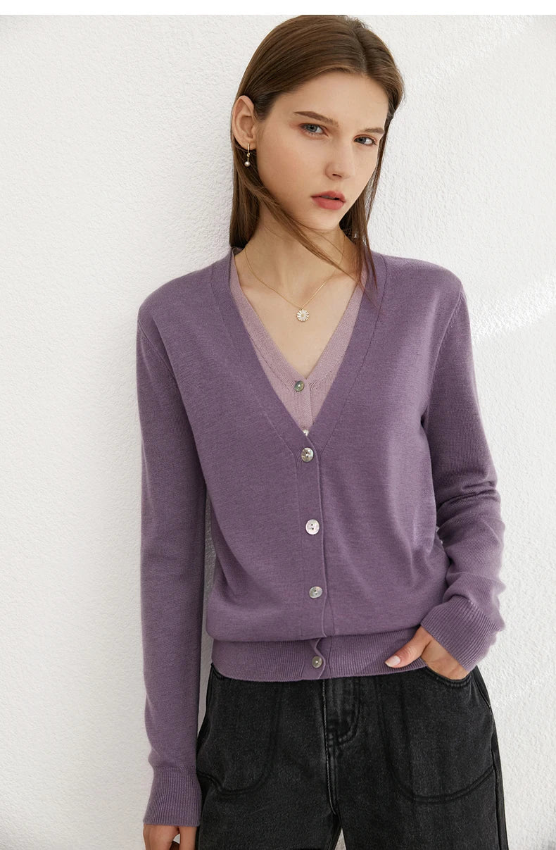 Damen-Strickjacke V-Ausschnitt dünn locker Patchwork Sommer
