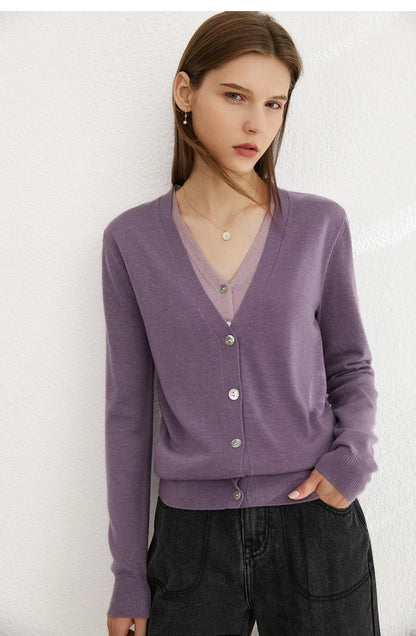 Damen-Strickjacke V-Ausschnitt dünn locker Patchwork Sommer