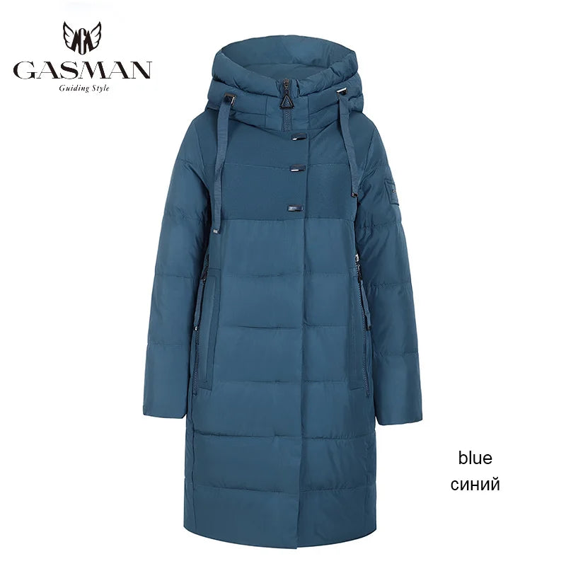 Lange Damen-Daunenjacke mit Reißverschluss, Schnürdesign, Kapuze und Taschen – warm und figurbetont.
