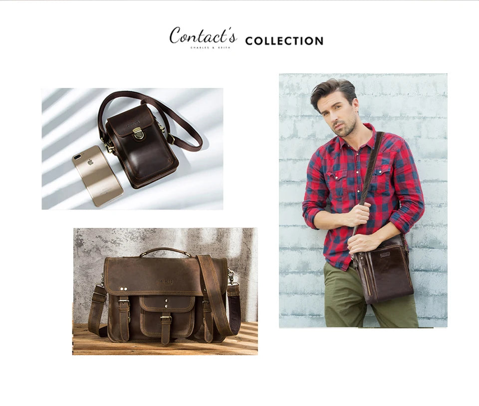 Braune Ledertasche am Modell über der Schulter, Schulterriemen und Reißverschluss