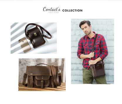 Braune Ledertasche am Modell über der Schulter, Schulterriemen und Reißverschluss