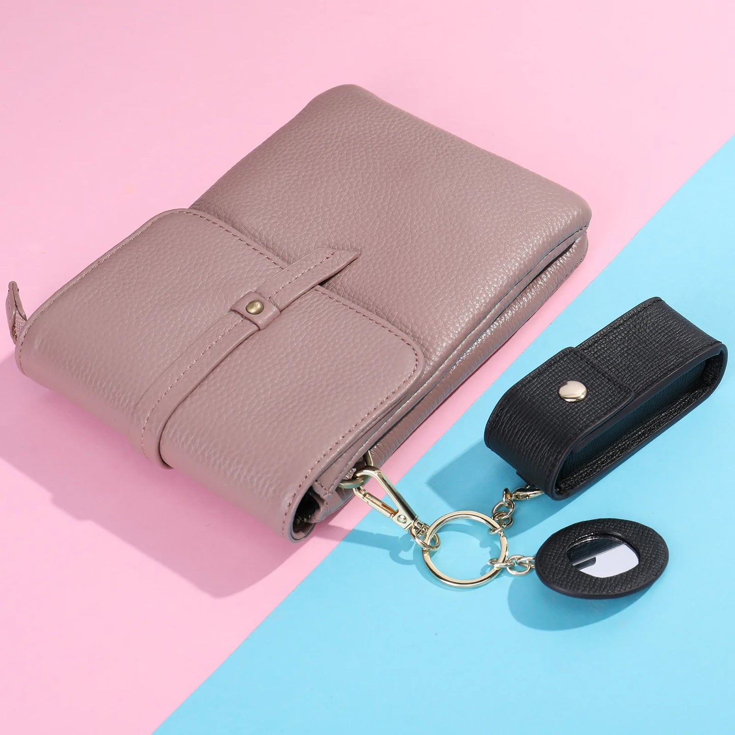 Damen-Kosmetiktasche Aus Echtem Leder Mit Spiegel Kompakt Und Luxuriös Im Mini-Format