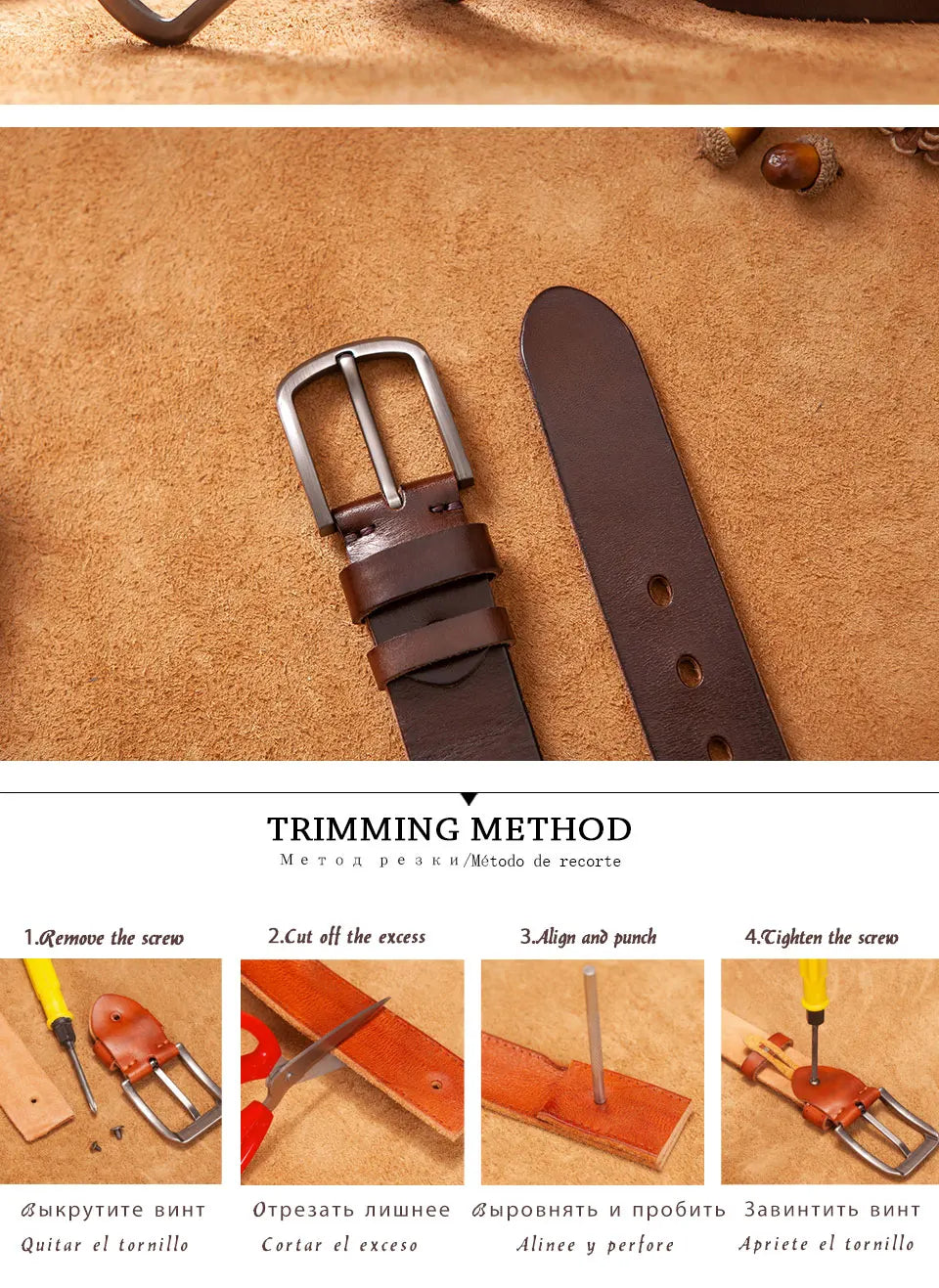 Herren Echtleder-Gürtel Vintage Cowboy-Stil 3,8 cm Rindsleder Braun Luxus Designer