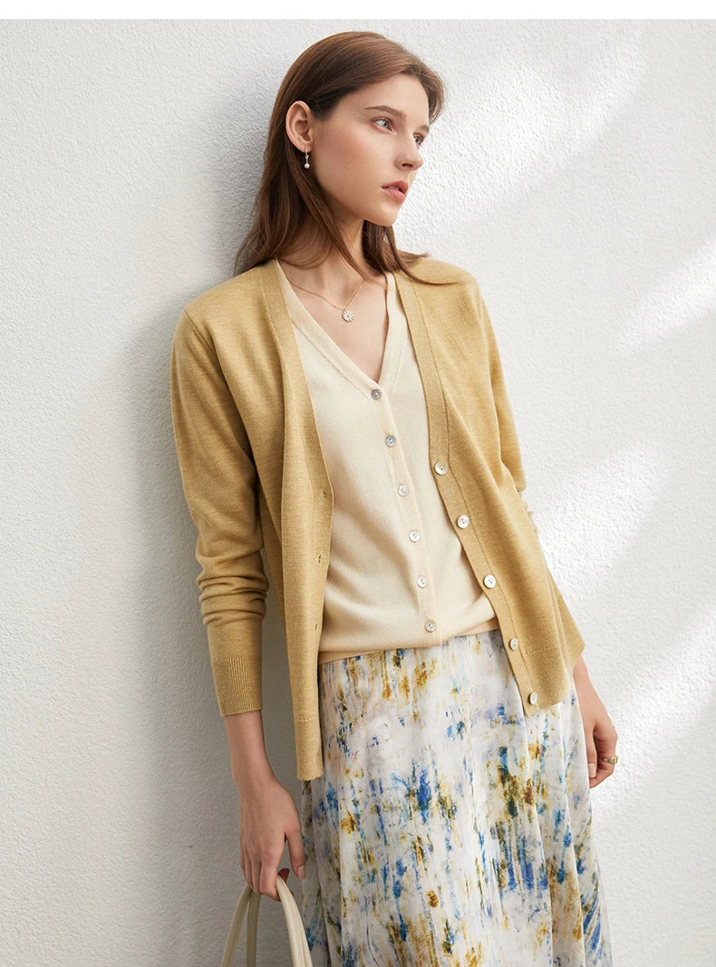 Damen-Strickjacke V-Ausschnitt dünn locker Patchwork Sommer