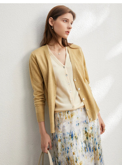 Damen-Strickjacke V-Ausschnitt dünn locker Patchwork Sommer
