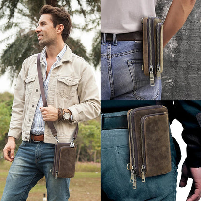 Herren-Tasche aus Leder am Körper getragen, braunes, rechteckiges Fach mit Reißverschlüssen