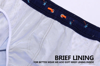 Kurze Herren-Shorts aus Polyester mit atmungsaktivem Mesh-Futter, elastischem Bund und Seitentasche – ideal für Sport und Strand.