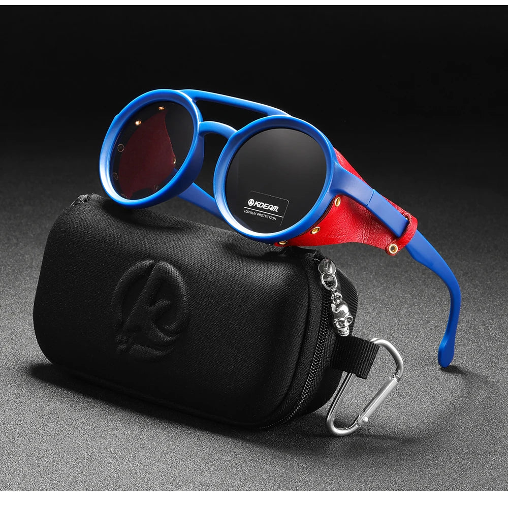 Sonnenbrille rund Vintage Leder-Schild Twin-Bridge polarisiert Herren Damen