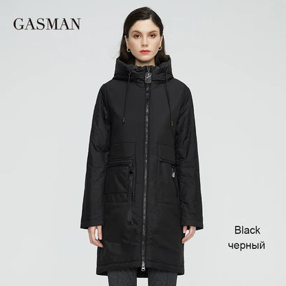 Lange Damen-Parka-Jacke mit Stehkragen und Kapuze – modisch gepolstert für Frühling und Herbst