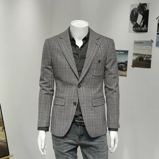 Eleganter Herren-Blazer aus Wollmischung mit kleinem Karomuster – Slim Fit für formelle Anlässe und festliche Abende