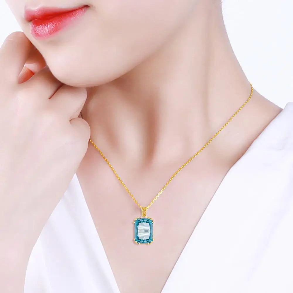 Damen-Halskette Aquamarin-Anhänger aus 925er Silber mit 18K-Goldbeschichtung Vintage-Stil