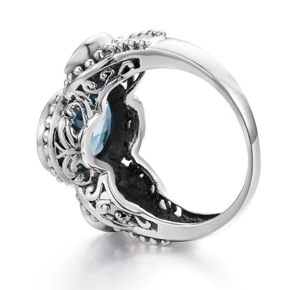 Damen-Ring aus Sterlingsilber 925 mit Aquamarin in Vintage-Ovalfassung mit Zackenfassung
