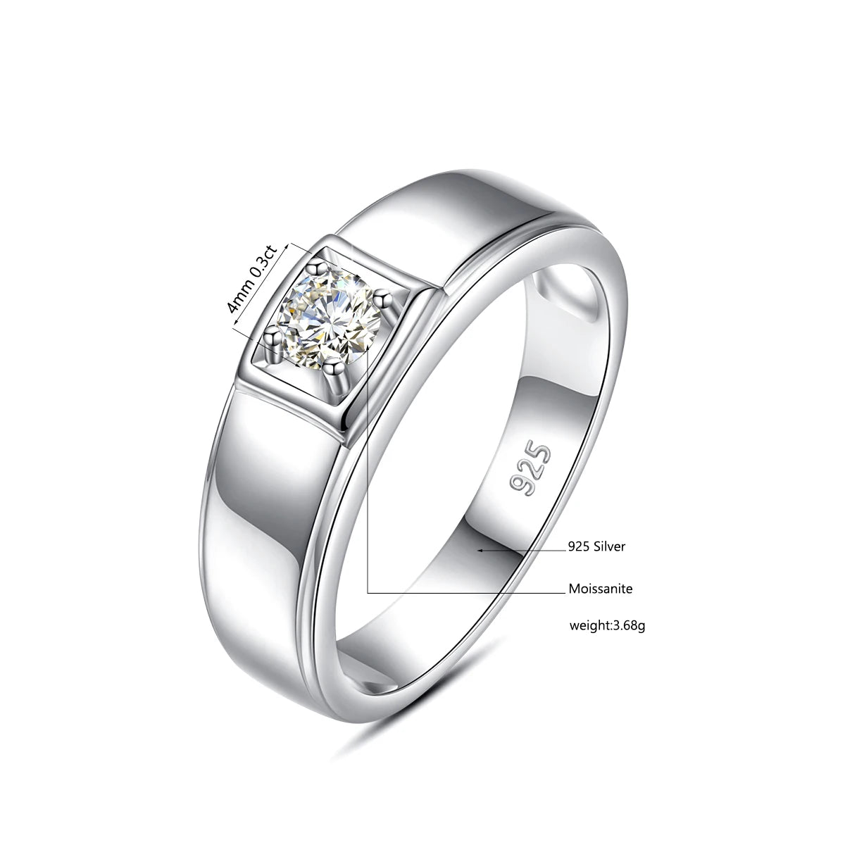 Herren-Verlobungsring aus Sterling Silber 925 mit Moissanit Stein 0,4 Karat Zertifiziert