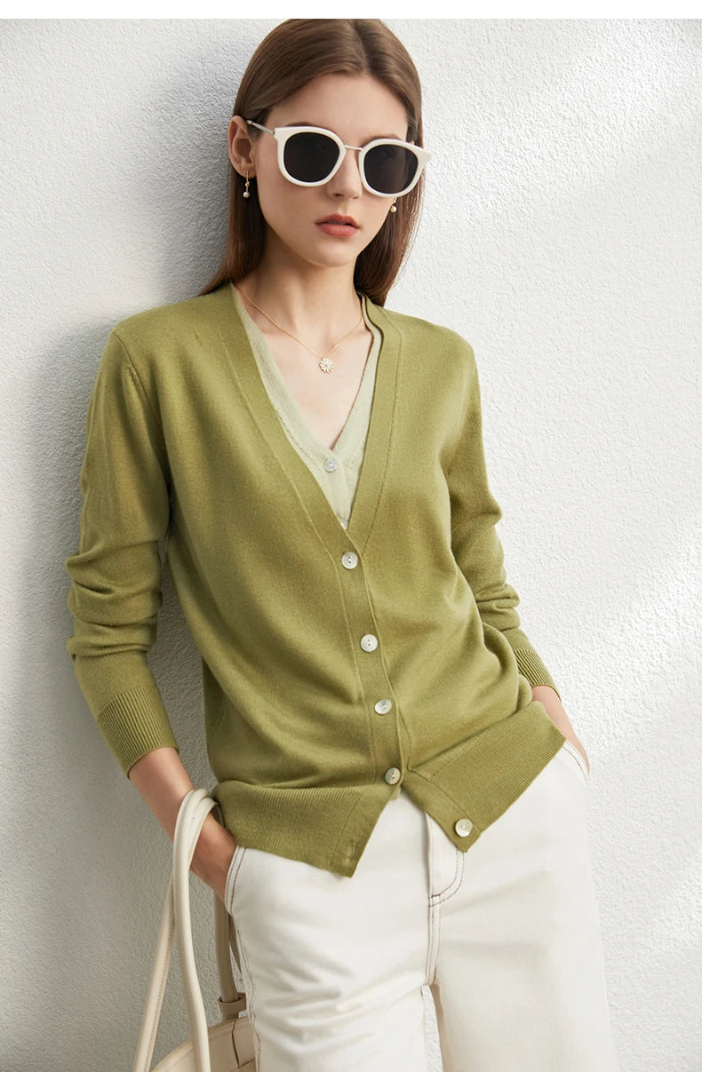 Damen-Strickjacke V-Ausschnitt dünn locker Patchwork Sommer