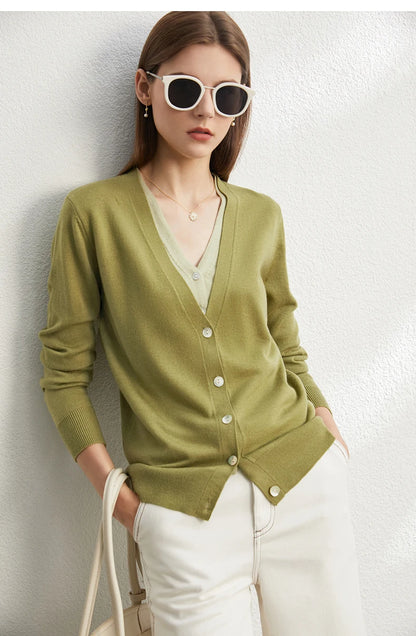 Damen-Strickjacke V-Ausschnitt dünn locker Patchwork Sommer