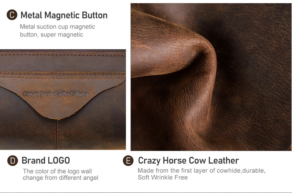 Braunes Crazy-Horse-Leder mit Nähteinsätzen und Metall-Button-Verschluss