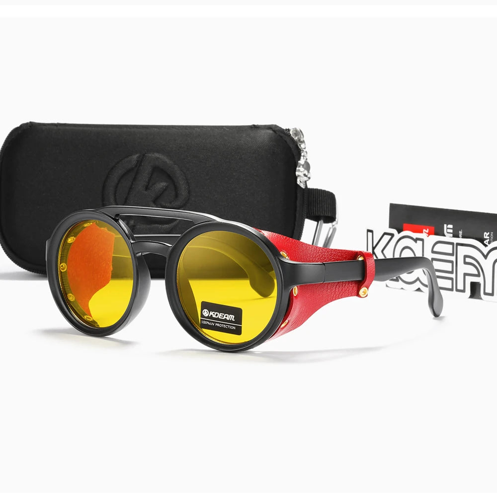 Sonnenbrille rund Vintage Leder-Schild Twin-Bridge polarisiert Herren Damen