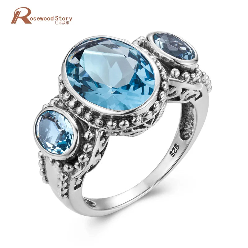Damen-Ring aus Sterlingsilber 925 mit Aquamarin in Vintage-Ovalfassung mit Zackenfassung