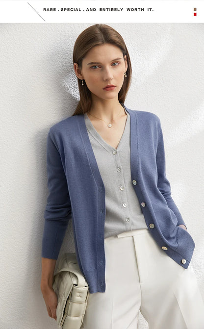 Damen-Strickjacke V-Ausschnitt dünn locker Patchwork Sommer
