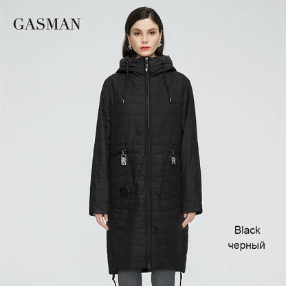 Lange Damen-Frühlingsjacke mit Stehkragen und Kapuze – Designer-Trench im Casual-Stil