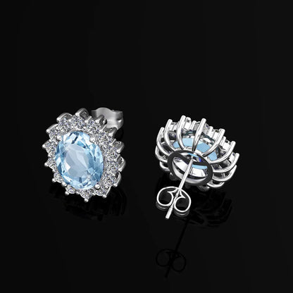 Damen-Ohrstecker Aquamarin Mit Diamanten Aus 925 Sterlingsilber Großes Edelstein-Duo