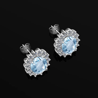 Damen-Ohrstecker Aquamarin Mit Diamanten Aus 925 Sterlingsilber Großes Edelstein-Duo
