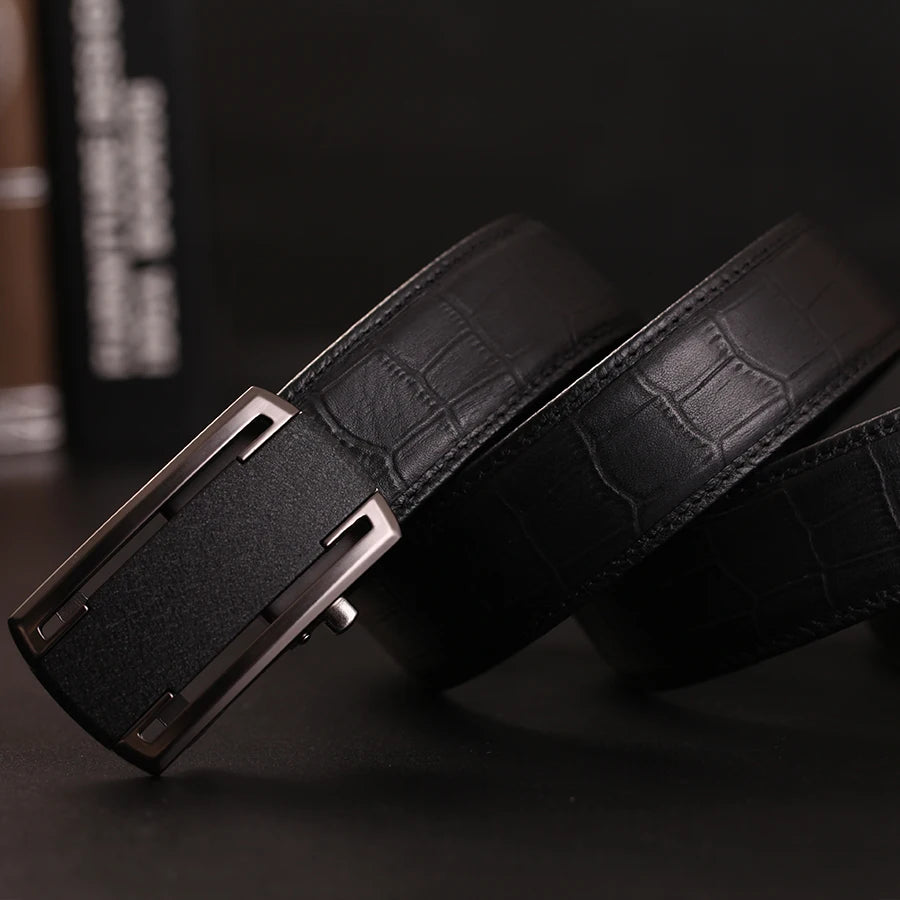 Herren Echtleder-Gürtel Automatik-Schnalle Schwarz 3,5 cm Verstellbar Rindsleder