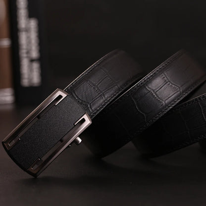 Herren Echtleder-Gürtel Automatik-Schnalle Schwarz 3,5 cm Verstellbar Rindsleder