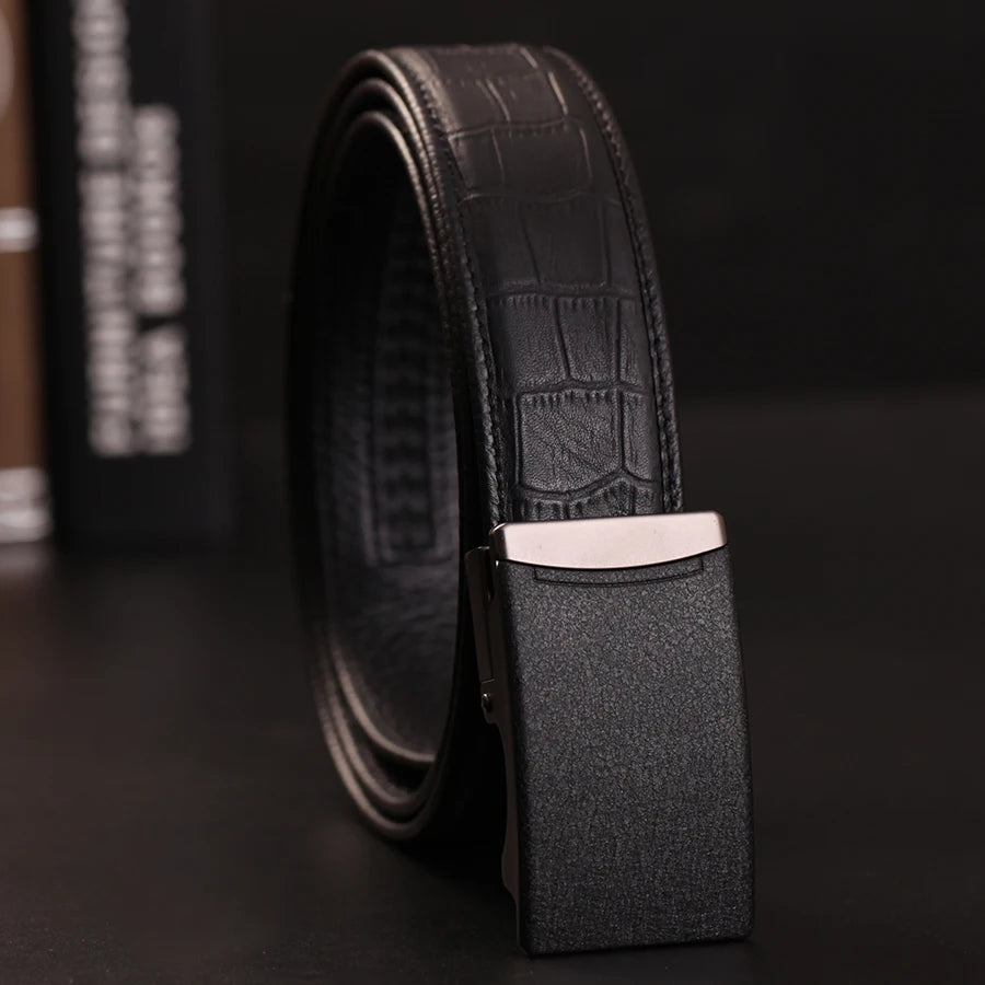 Herren Echtleder-Gürtel Automatik-Schnalle Schwarz 3,5 cm Verstellbar Rindsleder