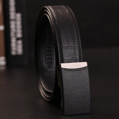 Herren Echtleder-Gürtel Automatik-Schnalle Schwarz 3,5 cm Verstellbar Rindsleder