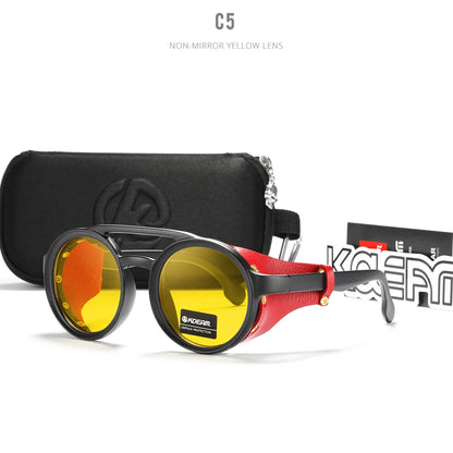 Sonnenbrille rund Vintage Leder-Schild Twin-Bridge polarisiert Herren Damen