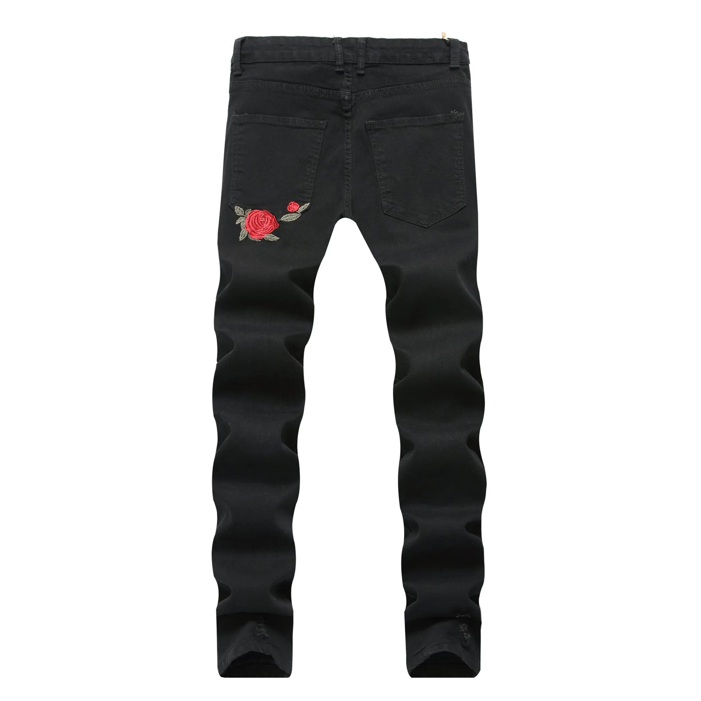 Herren Jeans mit zerrissenen Details und bestickten Rosen im Skinny-Stil