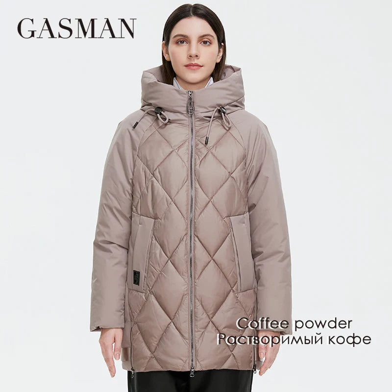 Lange Damen-Daunenjacke mit Kapuze und Taschen aus leichtem Material in modischem Pink – ideal für Herbst und Frühling.