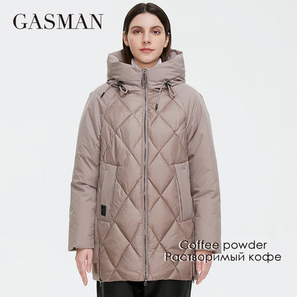 Lange Damen-Daunenjacke mit Kapuze und Taschen aus leichtem Material in modischem Pink – ideal für Herbst und Frühling.