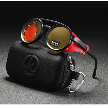 Sonnenbrille rund Vintage Leder-Schild Twin-Bridge polarisiert Herren Damen