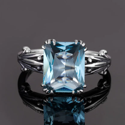 Damen-Ring aus Silber 925 mit Aquamarin Quadrat-Edelstein Boho-Stil Vintage-Look