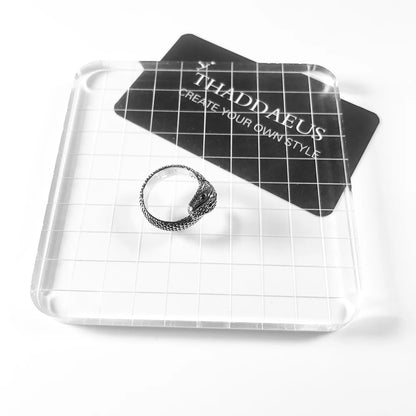 Schlangenring in transparenter Verpackung, silbernes Schlangenmuster auf Ringoberfläche