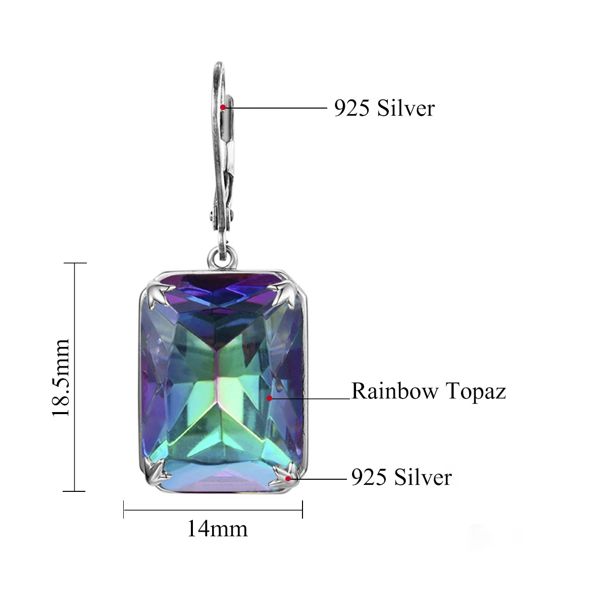 Damen-Ohrringe Silber 925 mit Mystic Regenbogen-Topas im rechteckigen Boho-Stil, Modeschmuck