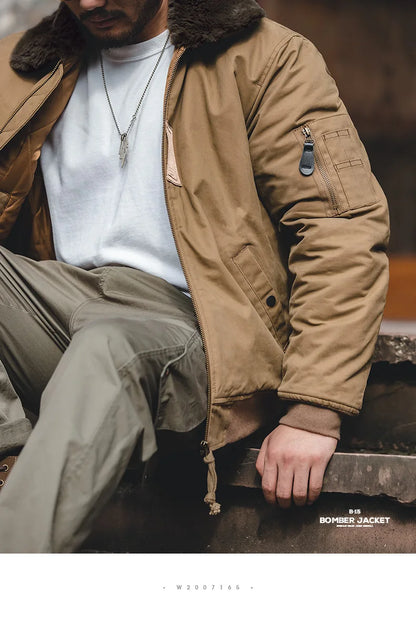Herren Bomberjacke Vintage Kunstkaninchenfell Revers Signatur-Armtasche Winter