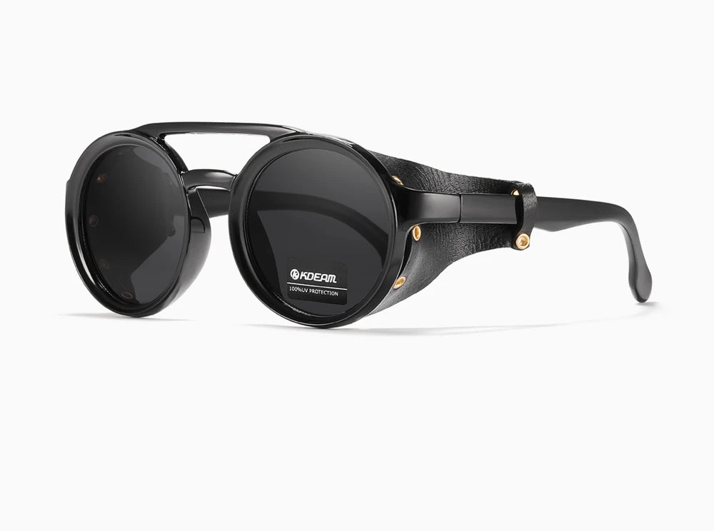 Sonnenbrille rund Vintage Leder-Schild Twin-Bridge polarisiert Herren Damen