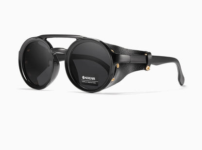 Sonnenbrille rund Vintage Leder-Schild Twin-Bridge polarisiert Herren Damen